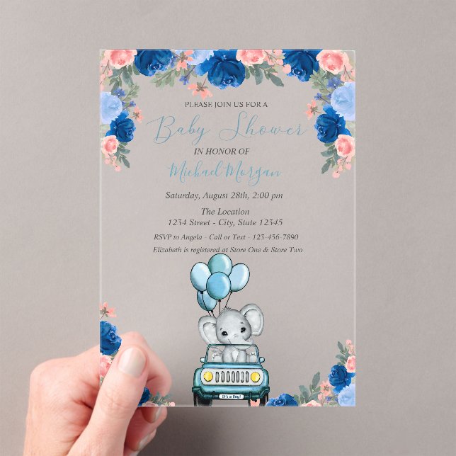 Invitations En Acrylique Fleurs, éléphant porte bébé Shower (In situ (ordinateur de poche))