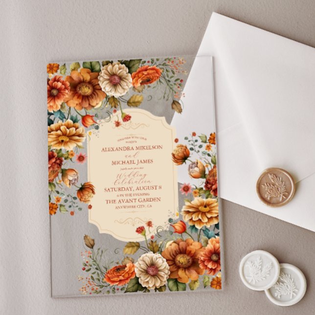Invitations En Acrylique Fleurs en terre cuite rouille Mariage de automne o (Créateur téléchargé)