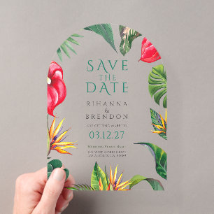 Invitations En Acrylique Fleurs et Feuilles Tropicales Mariage Enregistrer