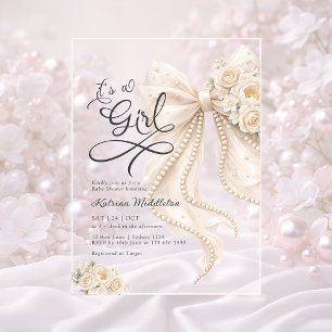 Invitations En Acrylique Fleurs et Nœud Élégant C'est une Fille Baby Shower