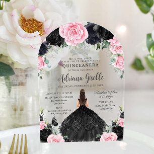 Invitations En Acrylique Fleurs florales roses noires Roses Robe Quinceaner