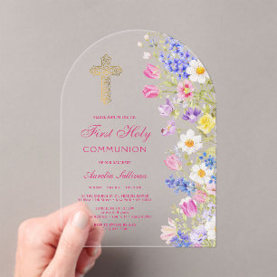 Invitations En Acrylique Fleurs fraîches de prairie Arche Première Communio
