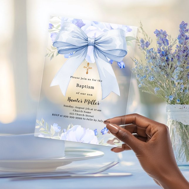 Invitations En Acrylique Fleurs garçon arc bleu baptême clair (Créateur téléchargé)