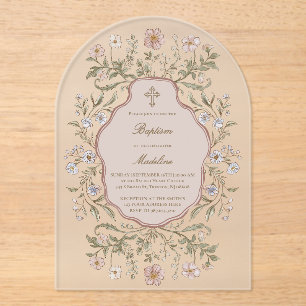 Invitations En Acrylique fleurs graphiques cadre Baptême