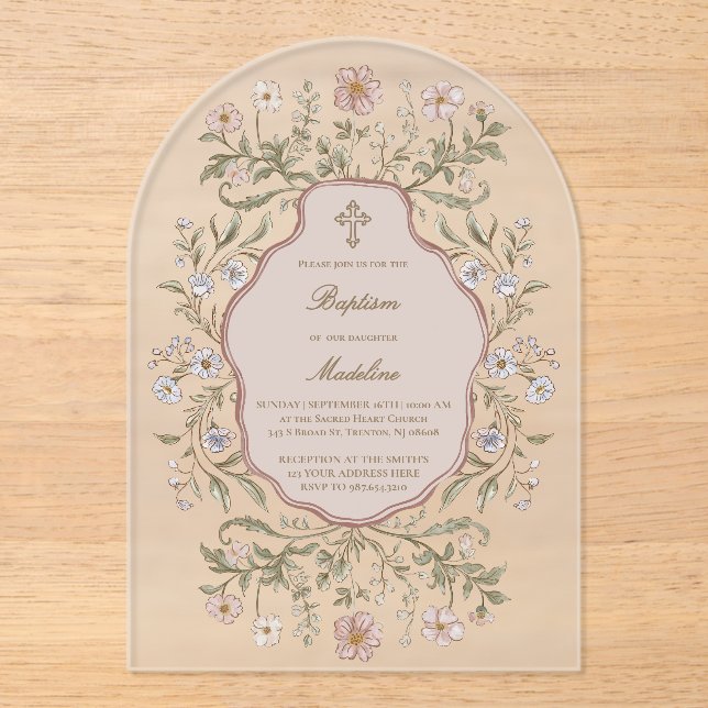 Invitations En Acrylique fleurs graphiques cadre Baptême (Recto)