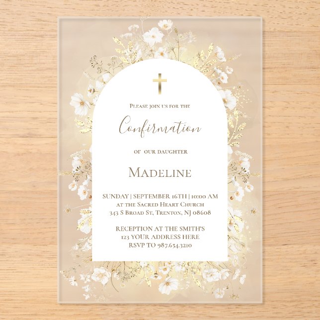Invitations En Acrylique fleurs jaunes blanches aquarelle Confirmation (Recto)