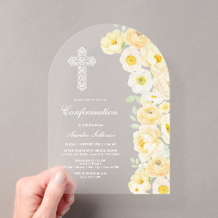 Invitations En Acrylique Fleurs Jaunes Élégantes Arche Confirmation