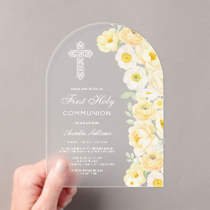 Invitations En Acrylique Fleurs Jaunes Élégantes en Arche pour Première Com