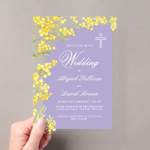 Invitations En Acrylique Fleurs jaunes Mariage religieux Arche Lavande