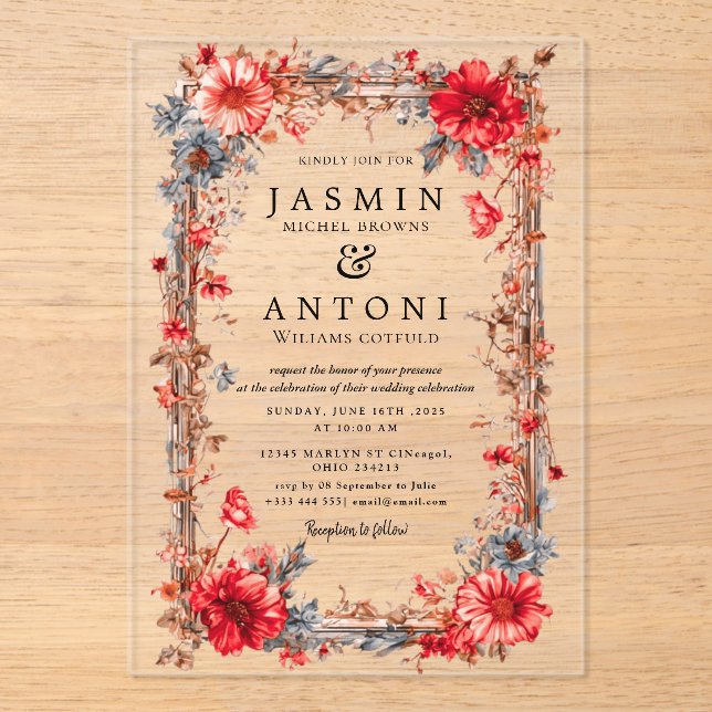 Invitations En Acrylique Fleurs Mariage de feuillage de chute (Recto)