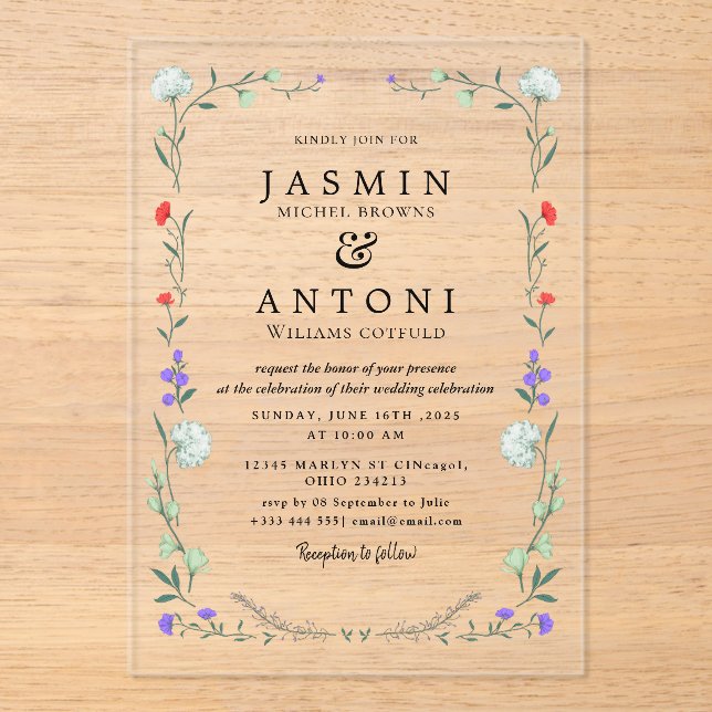 Invitations En Acrylique Fleurs Mariage de feuillage de chute (Recto)