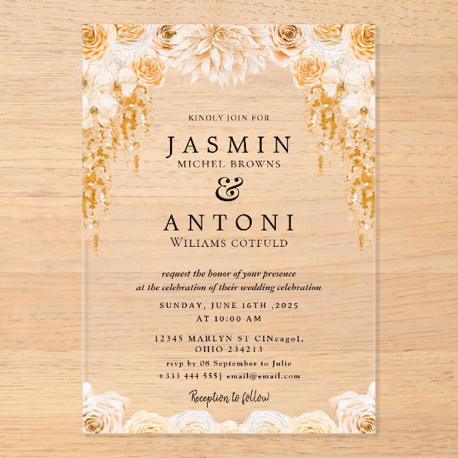 Invitations En Acrylique Fleurs Mariage de feuillage de chute (Recto)