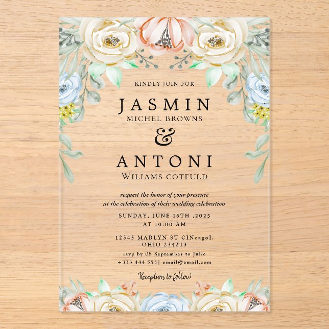 Invitations En Acrylique Fleurs Mariage de feuillage de chute (Recto)