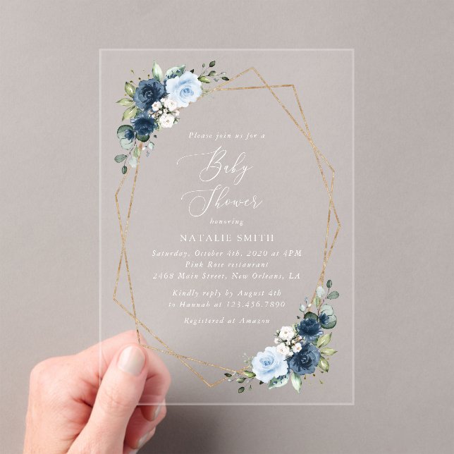Invitations En Acrylique Fleurs marines, Fleurs bleues, Verdure, Baby showe (In situ (ordinateur de poche))