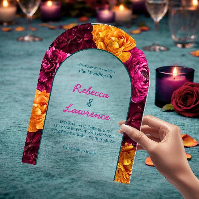Invitations En Acrylique Fleurs modernes rose vert jaune (Créateur téléchargé)