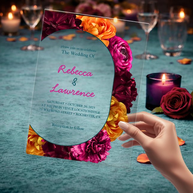 Invitations En Acrylique Fleurs modernes rose vert jaune (Créateur téléchargé)