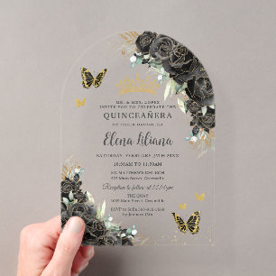 Invitations En Acrylique Fleurs noires papillons dorés Quinceanera 15 Arche