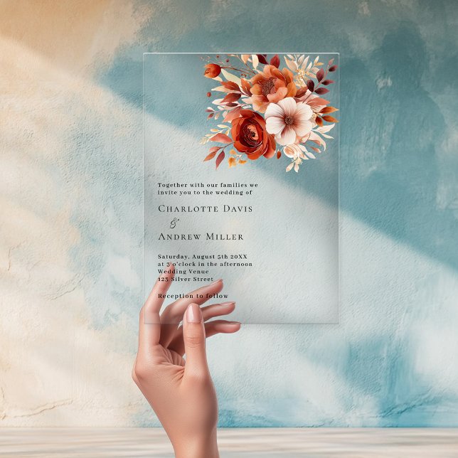Invitations En Acrylique Fleurs orange brûlé beige mariage clair (Créateur téléchargé)