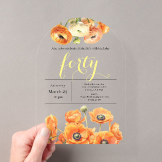 Invitations En Acrylique Fleurs oranges et blanches de jardin moderne pour