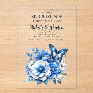 Invitations En Acrylique Fleurs papillons bleues Surprise 60e anniversaire