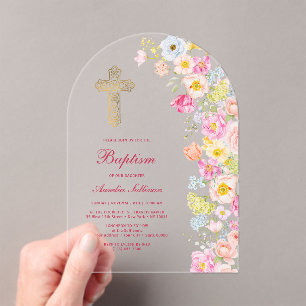 Invitations En Acrylique Fleurs pastel vives Arche Baptême