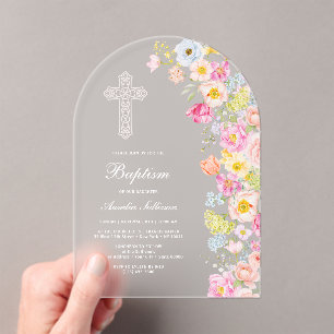 Invitations En Acrylique Fleurs pastel vives Arche Baptême
