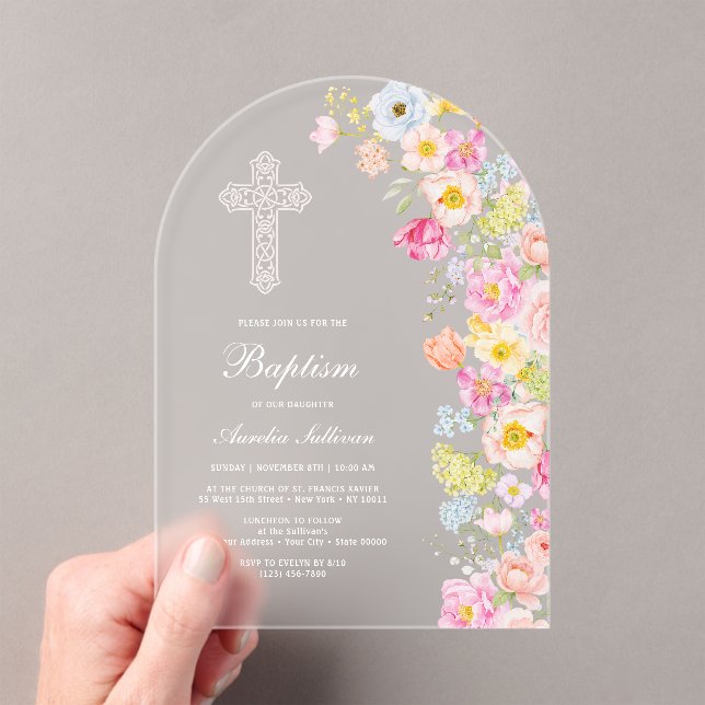 Invitations En Acrylique Fleurs pastel vives Arche Baptême (In situ (ordinateur de poche))