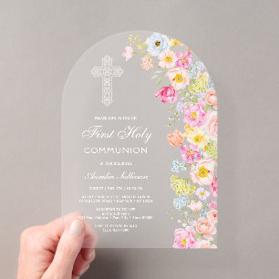 Invitations En Acrylique Fleurs pastel vives Arche Première Communion