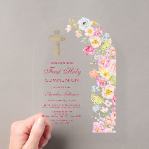 Invitations En Acrylique Fleurs pastel vives Arche Première Communion