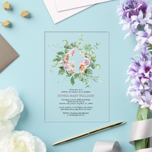 Invitations En Acrylique Fleurs romantiques & Fille à la croix blanche Bapt (Insitu (Mariage))