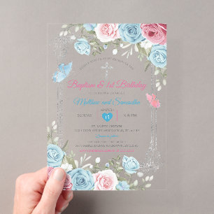 Invitations En Acrylique Fleurs Rose Argent Bébé Bleu Baptême 1er Anniversa