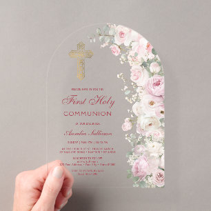 Invitations En Acrylique Fleurs Rose Pâle Arch Première Communion Clair