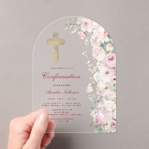 Invitations En Acrylique Fleurs Rose Pâle Arche Confirmation