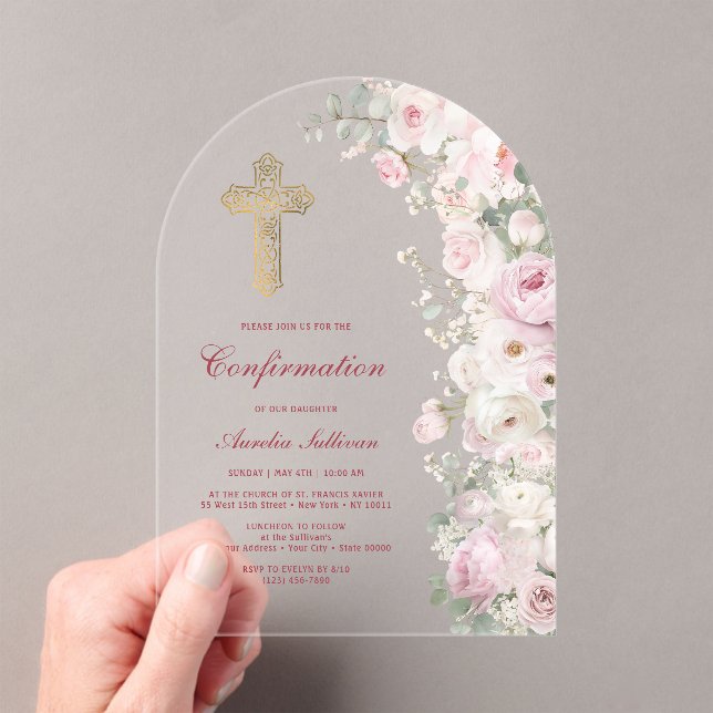 Invitations En Acrylique Fleurs Rose Pâle Arche Confirmation (In situ (ordinateur de poche))