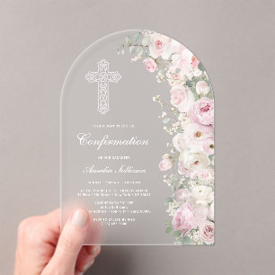 Invitations En Acrylique Fleurs Rose Pâle Arche Confirmation Givrée