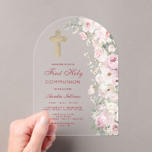 Invitations En Acrylique Fleurs Rose Pâle Arche Première Communion Claire
