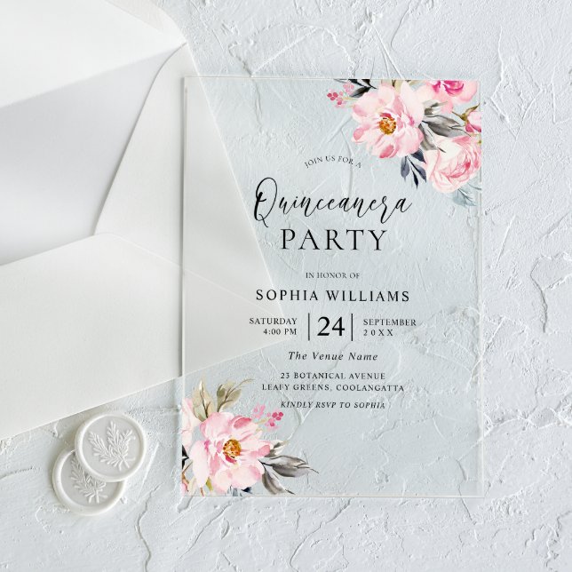 Invitations En Acrylique Fleurs rose pâle Douce Quinceanera Party (Créateur téléchargé)
