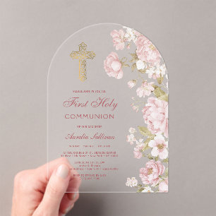 Invitations En Acrylique Fleurs Roses Arc Première Communion