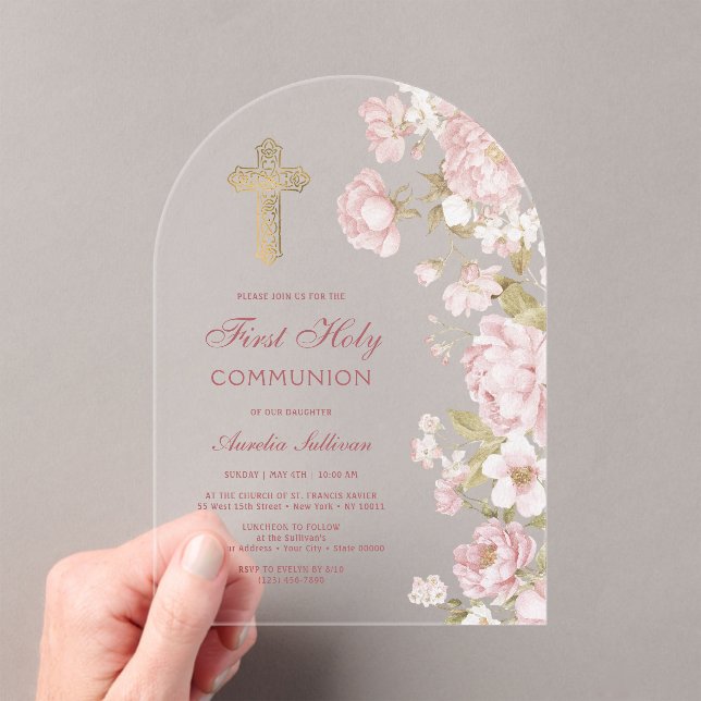 Invitations En Acrylique Fleurs Roses Arc Première Communion (In situ (ordinateur de poche))