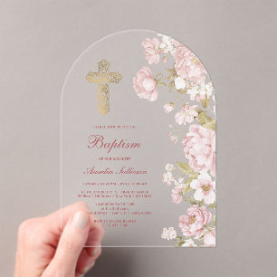 Invitations En Acrylique Fleurs Roses Arche Baptême