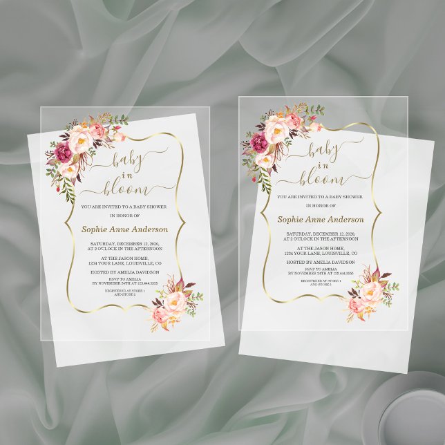 Invitations En Acrylique Fleurs Roses Blush Baby shower Gold Girl (Créateur téléchargé)