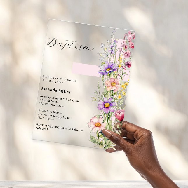 Invitations En Acrylique Fleurs roses croix fille claire Baptême (Créateur téléchargé)