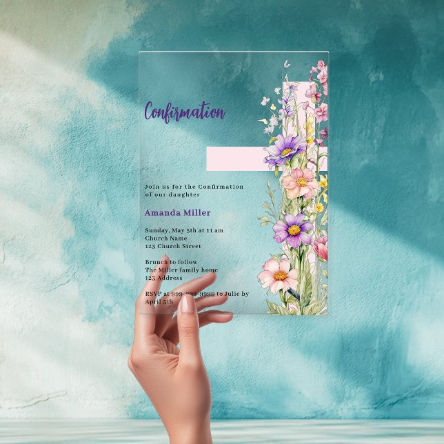 Invitations En Acrylique Fleurs roses croix fille Confirmation claire (Créateur téléchargé)