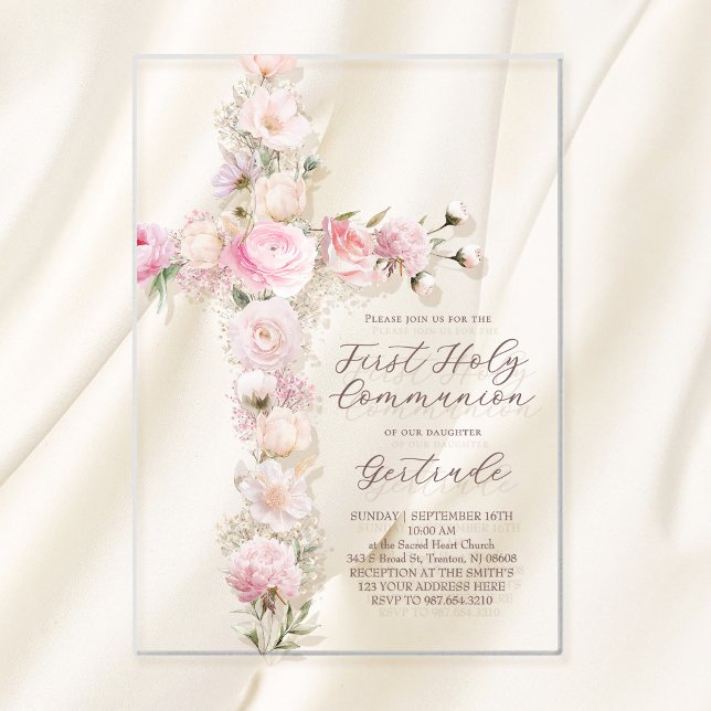 Invitations En Acrylique fleurs roses croix Première Sainte Communion (Créateur téléchargé)