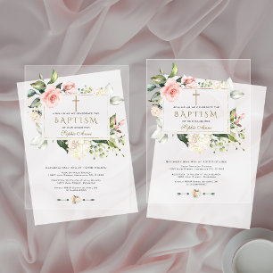 Invitations En Acrylique Fleurs Roses Élégantes Cadre Doré Baptême de Fille