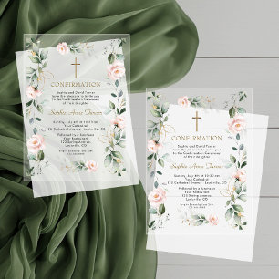 Invitations En Acrylique Fleurs roses élégantes Confirmation de verdure or