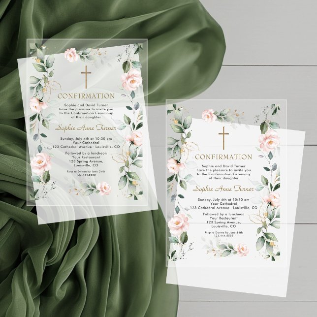 Invitations En Acrylique Fleurs roses élégantes Confirmation de verdure or (Créateur téléchargé)