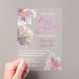 Invitations En Acrylique fleurs roses élégantes scintillent fille baby show