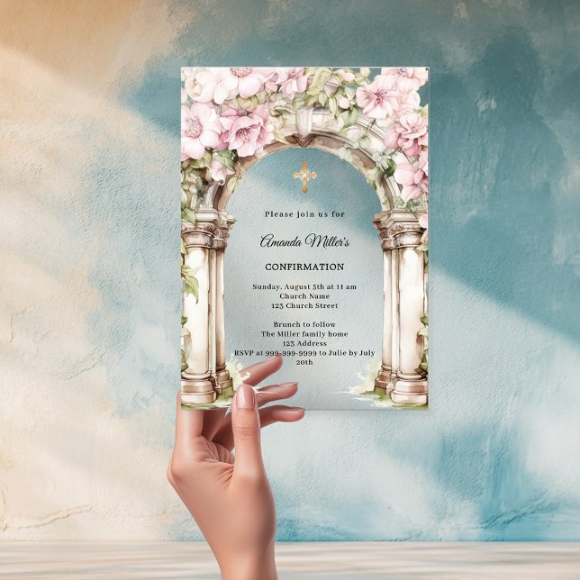 Invitations En Acrylique Fleurs roses en arche fille Confirmation (Créateur téléchargé)