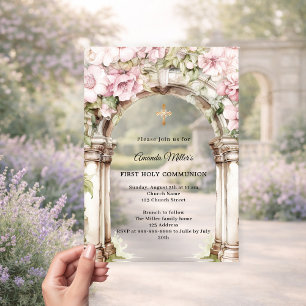 Invitations En Acrylique Fleurs roses en arche fille Première Communion cla